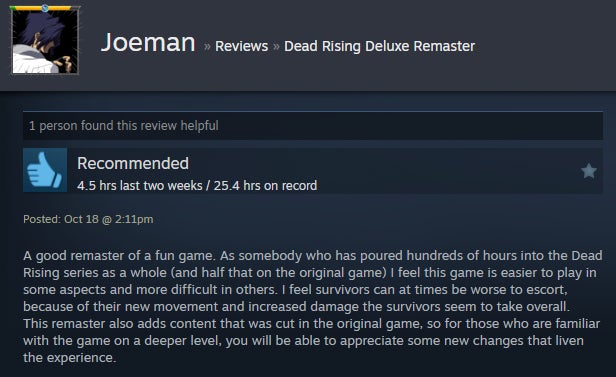 Image from the Dead Rising Deluxe Remastered article, based on Steam reviews